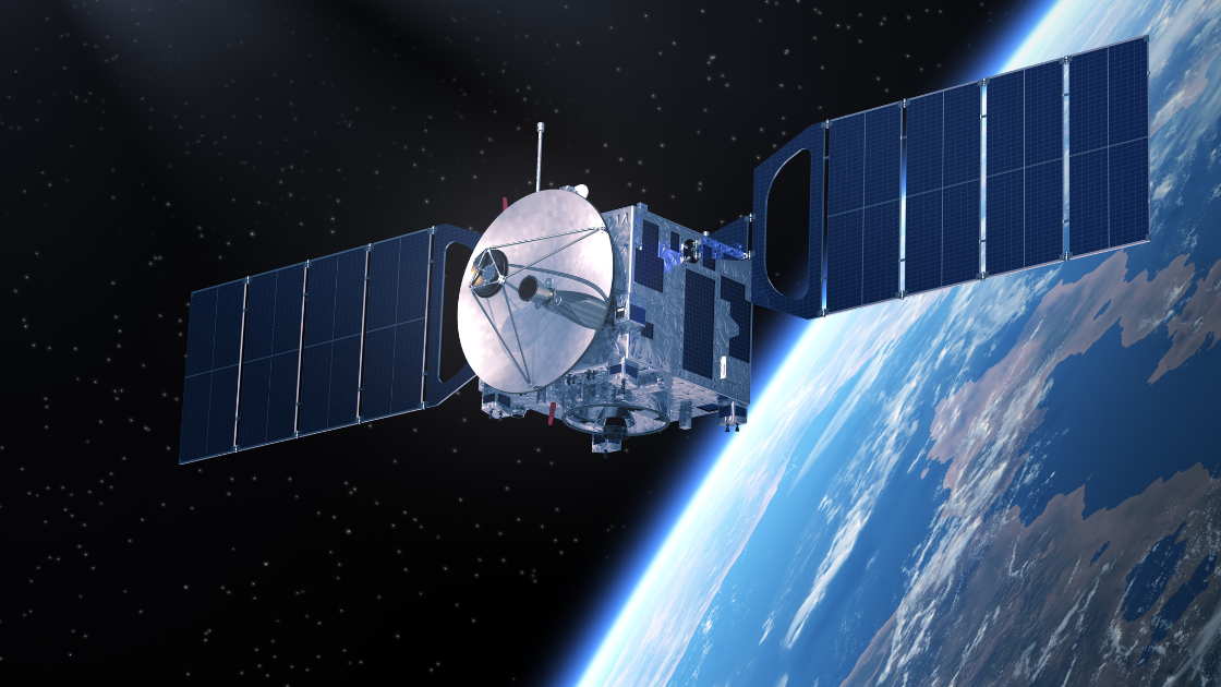 Communications satellite with solar panels orbiting Earth.