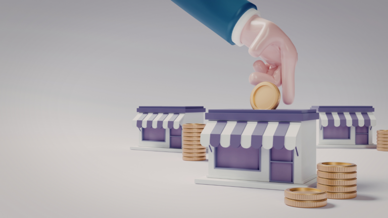 cartoon hand placing coin into building. multiple coins and buildings are present. image is representing venture capital.