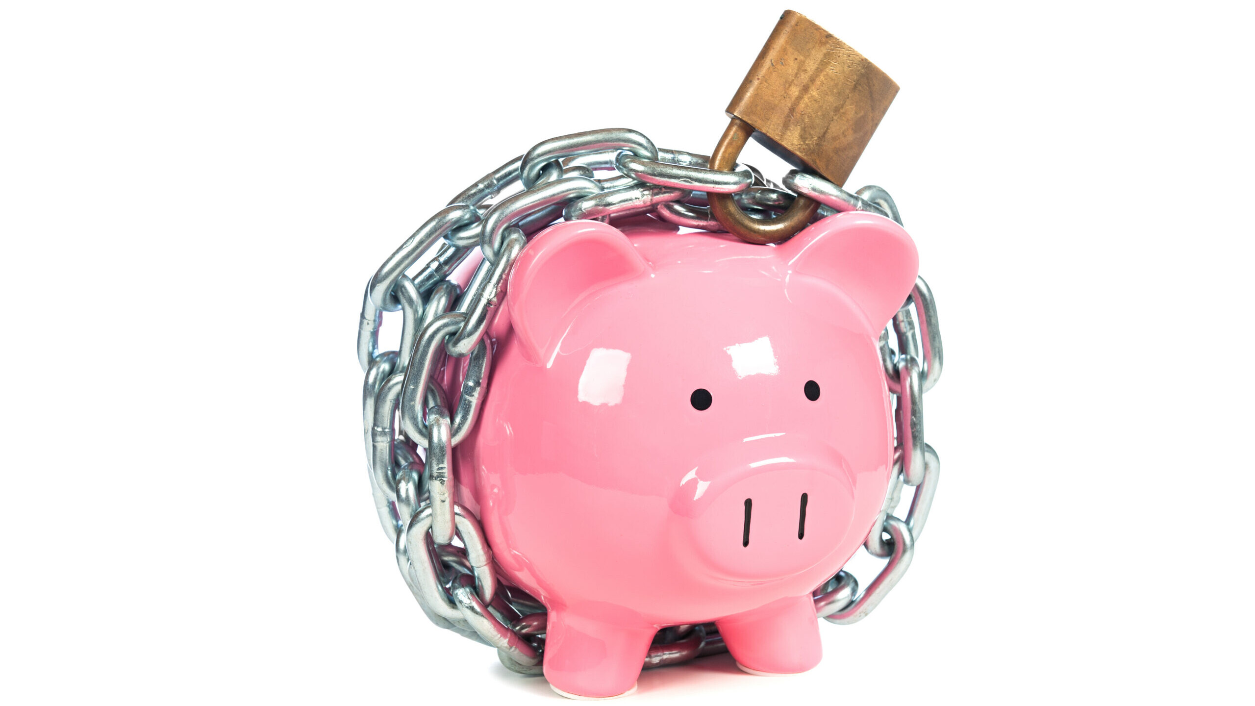 Piggy bank wrapped in chains and padlocked, symbolizing a 401(k) loan to pay off credit card debt