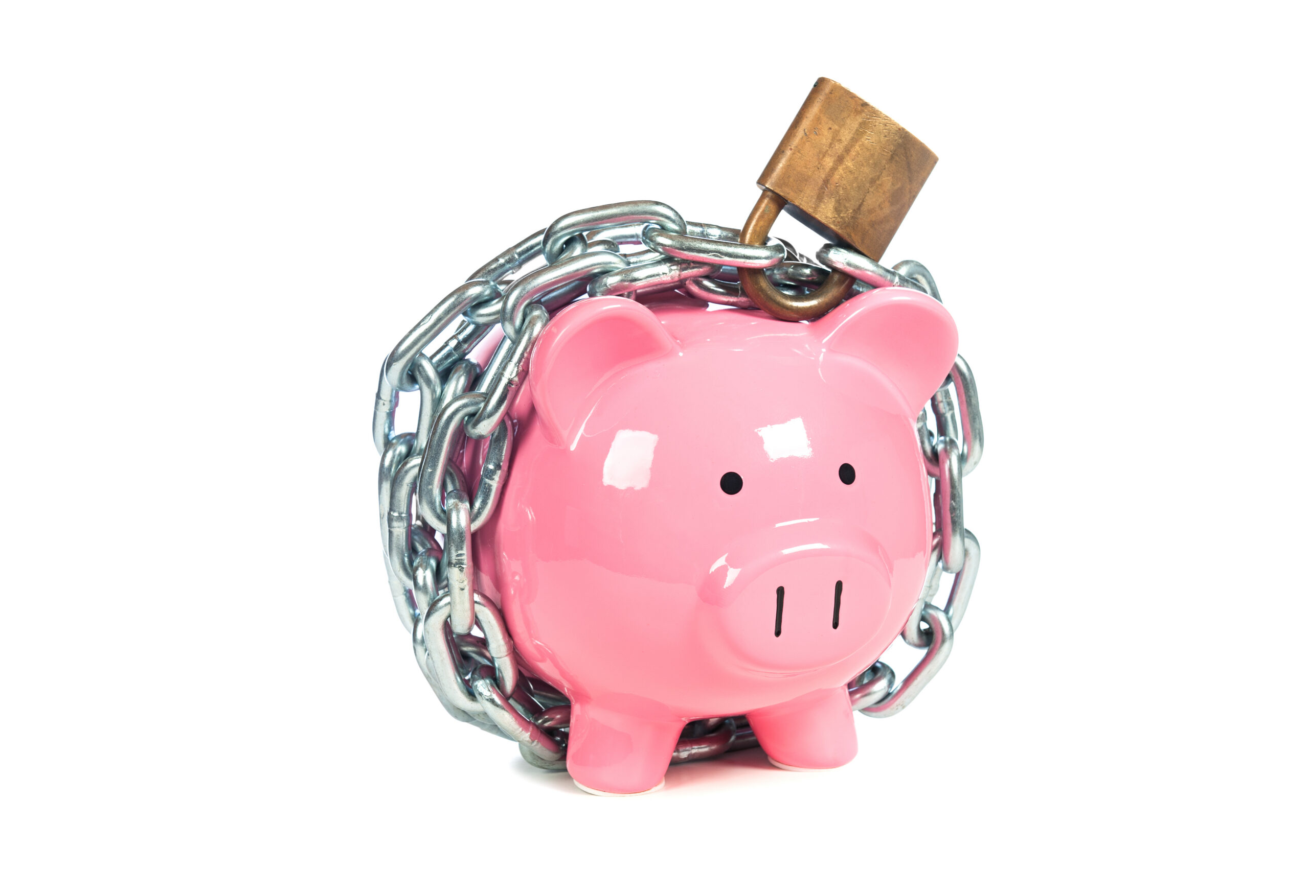Piggy bank wrapped in chains and padlocked, symbolizing a 401(k) loan to pay off credit card debt
