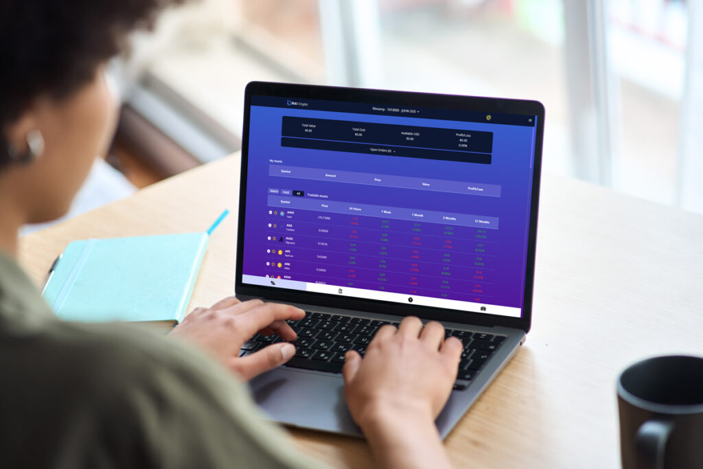 Woman look at her crypto account on her laptop